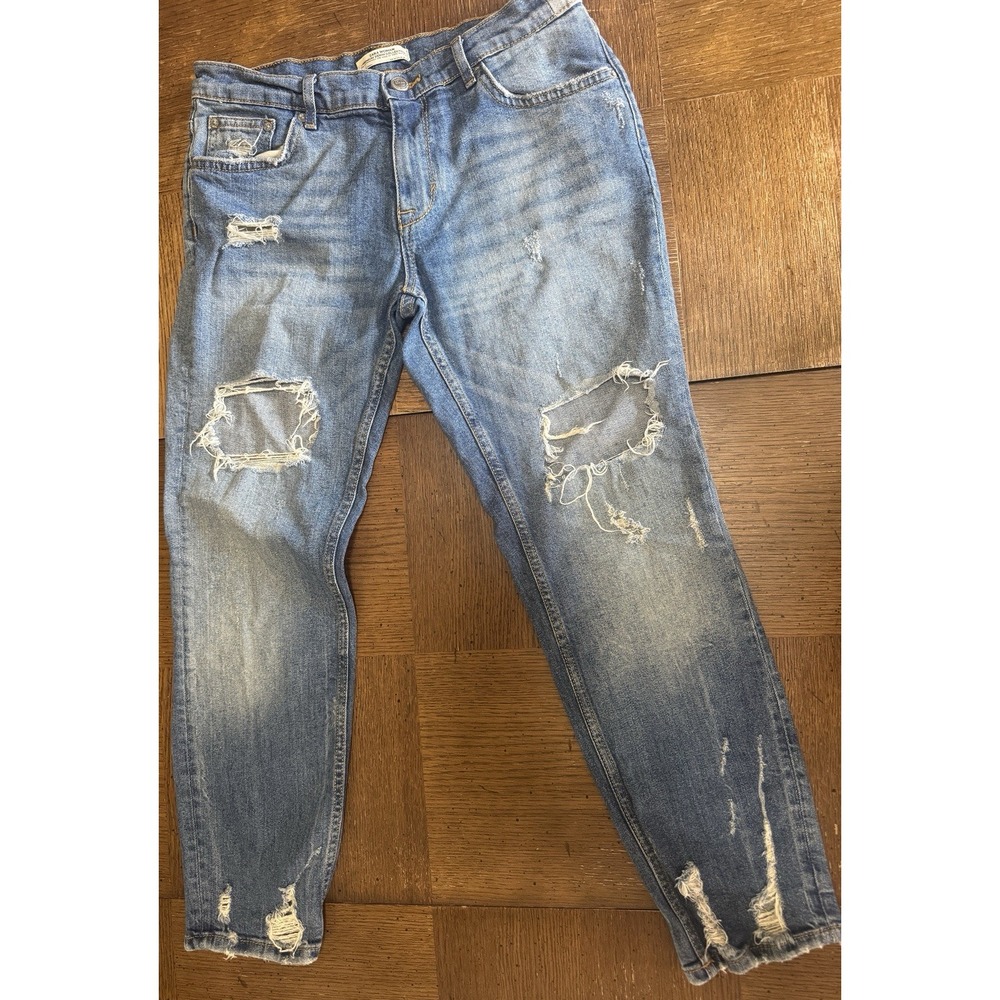 Zara Crop Jeans Women's Size 6 Blue Denim Distressed Cotton Stretch